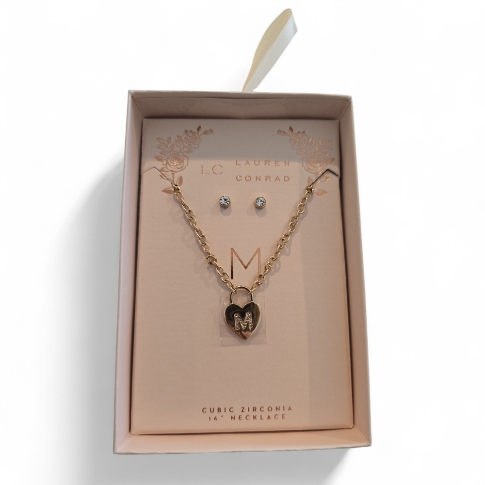 LC Lauren Conrad "M" Initial Gold Heart Necklace and Earring Set
